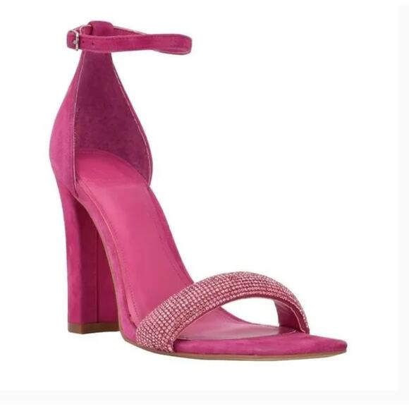 Marc Fisher Angelo Jeweled Heels 7.5 Pink Suede NWOT Sandals Glam Cocktail - Picture 1 of 9